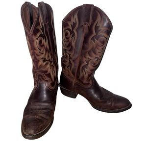 Justin Boots Brown Leather Western Cowboy Boots Rounded Point Toe - size 10